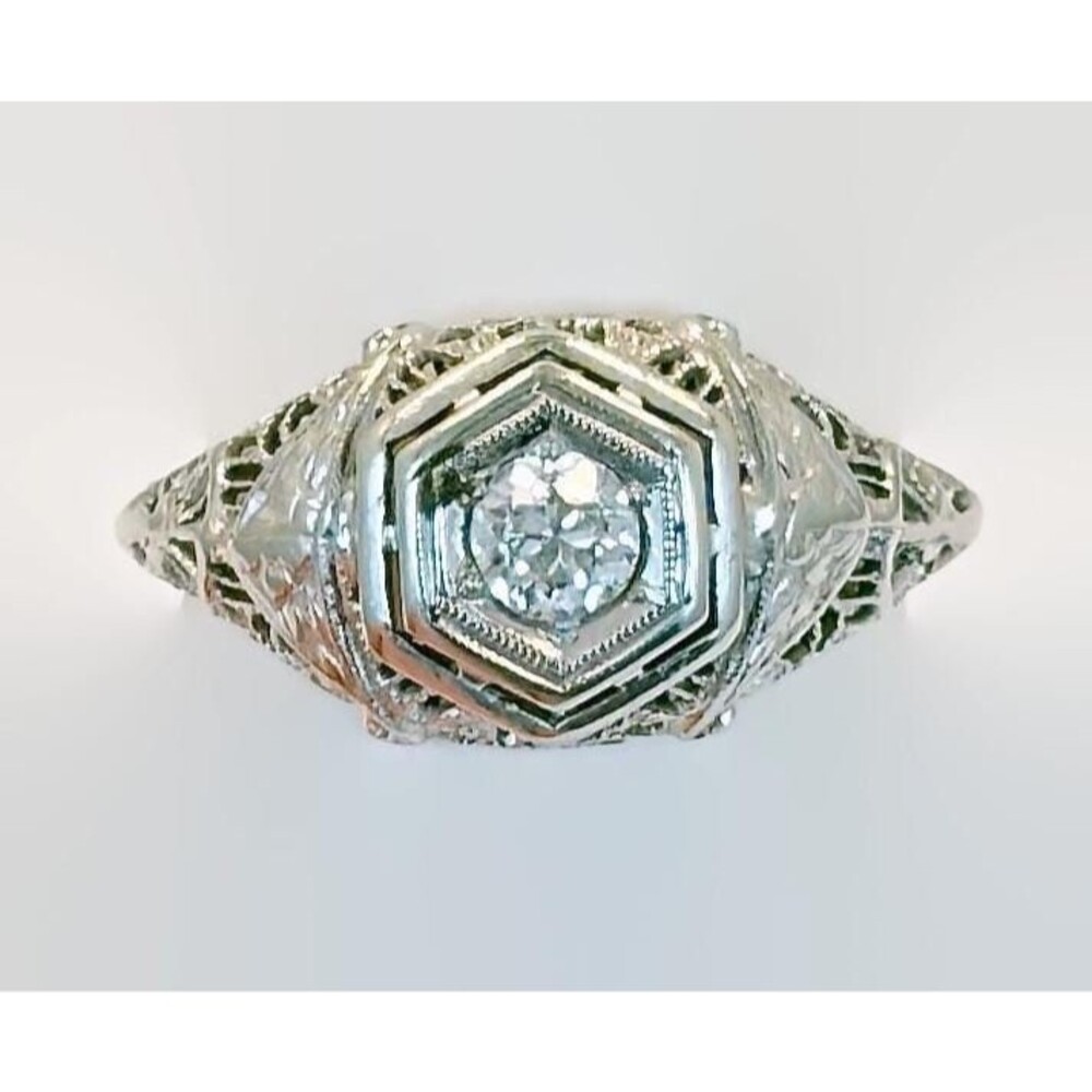 Art Deco Ring, Antique, Diamond, White Gold, 14K, 1920s, Filagree, Vintage